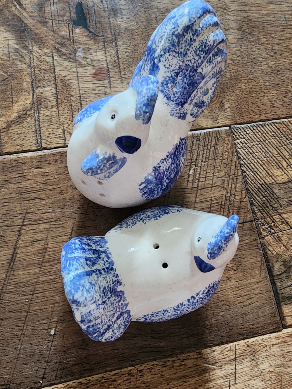 Vtg Blue & White Chickens Speckled Ceramic Salt and Pepper Shaker Set